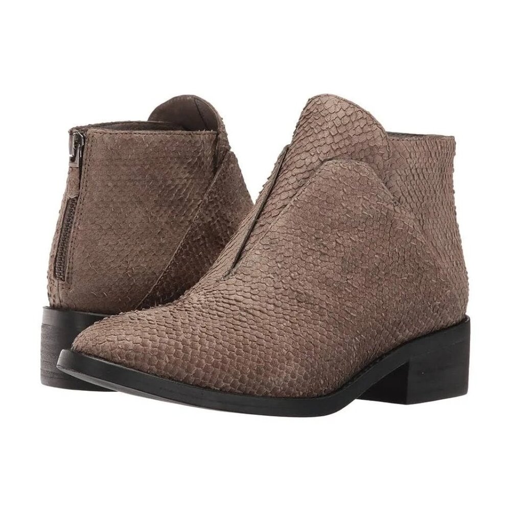 Eileen Fisher 7.5 Gray Leather Ankle Boots TUCK Embossed Snake Skin Print‎